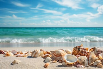 Fototapeta na wymiar Beach Treasures Seashells and Shells on Sandy Shore. Generative AI