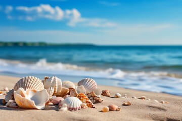 Fototapeta na wymiar Beach Treasures Seashells and Shells on Sandy Shore. Generative AI