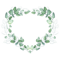 Eucalyptus wreath. Green frame for rustic background. Heart shaped template for banner or wedding invitation. Watercolor illustration with plants