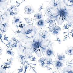 Seamless pattern with wild flowers in indigo tones