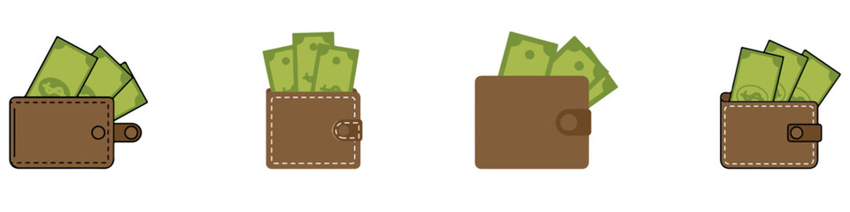 Wallet icon. Brown wallet with green paper money. Wallet with money dollar bank note.EPS 10