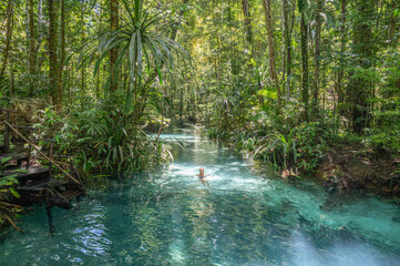 A woman swimming in the Kali Biru or Blue River on Waigeo island, Raja Ampat, West papua, Indonesia