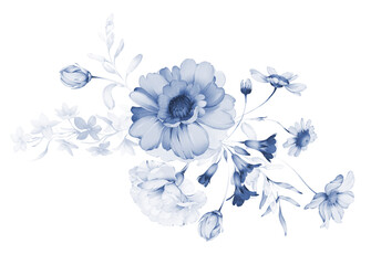 Bouquet of flowers in indigo colors on a white background - 632544253