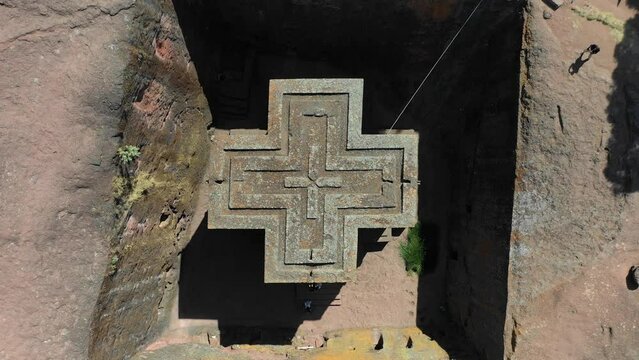 Aerial view of monolithic rock-cut church of bete giyorgis Lalibela Ethiopia