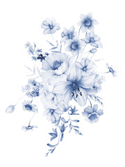Bouquet of flowers in indigo colors on a white background - 632544486