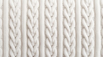 A close-up macro photograph showcases the cable knit pattern of a wool sweater, resulting in a textured background that resonates with the craft of knitting