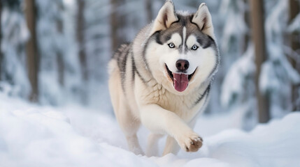 Naklejka premium A Siberian Husky dashes through the snow with energy and excitement, symbolizing speed, wilderness, and the natural beauty of winter. Ideal for themes of outdoor adventure, nature, and dog lovers.