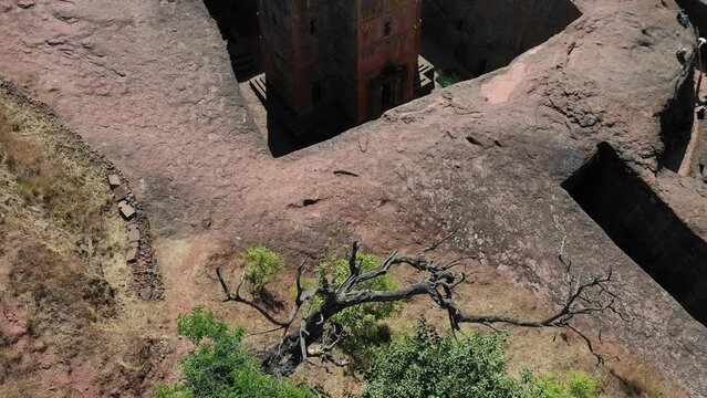 Aerial view of monolithic rock-cut church of bete giyorgis Lalibela Ethiopia