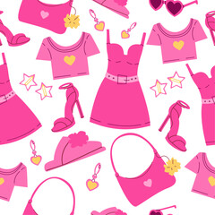 Barbie seamless pattern set.Pink items.Barbicor pattern. Vector illustration.Hair dryer, hairpins, combs, headband.Barbershop items.