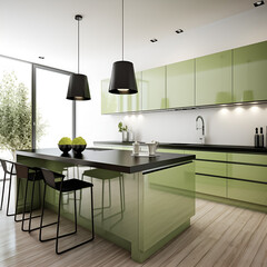 Modern kitchen interior with light green detail. Ai generation.