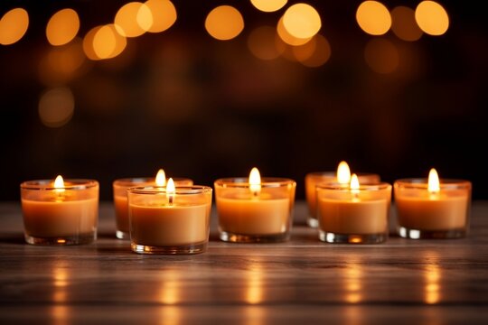 Row of Beautifully Lit Candles at Night Captured Photograph. Generative AI