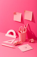 Obraz na płótnie Canvas Pink stationery on pink background, concept barbie style