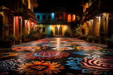 illuminated rangoli designs adorning a courtyard during Diwali, symbolizing the festival's festive spirit Generative AI