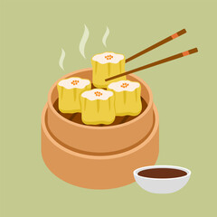 Chinese dumplings Siu Mai or also called Shumai in a bamboo bowl with sauce flat design.