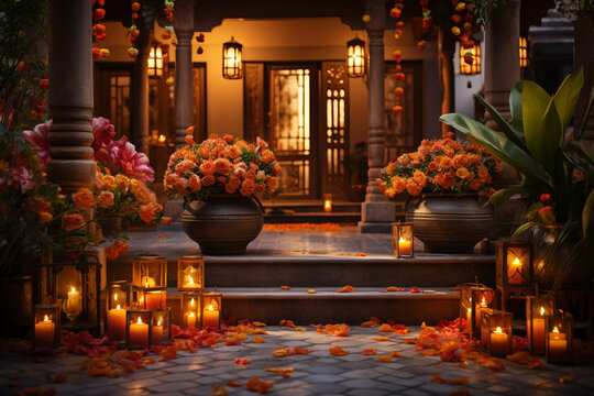 serene photo of glowing diyas and lamps illuminating a home's entrance during the twilight hours of Diwali Generative AI