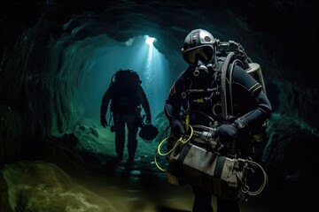 Fototapeta premium shot of a diver carrying equipment through an underground tunnel