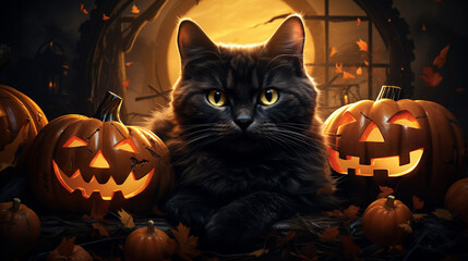 A cat lounges among a pile of pumpkins, its eyes gleaming mysteriously in the moonlight Generative AI