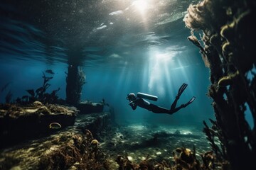 shot of a man diving into the ocean in an underwater habitat