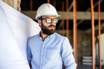 shot of a young architect on site with blueprints