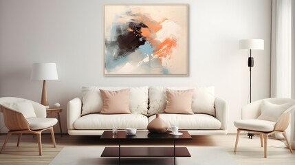 modern living room with a large painting. generative AI illustration.