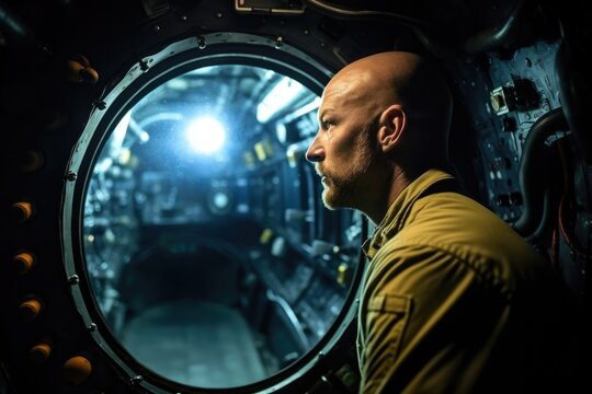 shot of a man looking out from inside a submarine