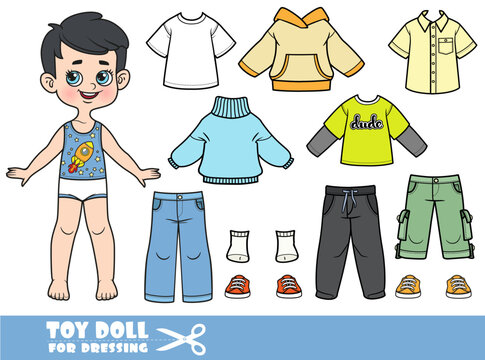 Cute cartoon brunette  boy with and clothes separately - sweater, longsleeve, tee-shirts, vest , jeans and sneakers doll for dressing