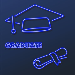 graduate neon sign, modern glowing banner design, colorful modern design trends on black background. Vector illustration.