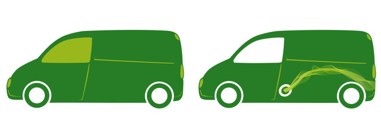 Zwei grüne Kleintransporter auf weiß mit Elektroantrieb.