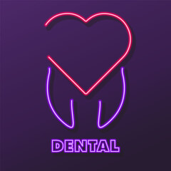 heart tooth neon sign, modern glowing banner design, colorful modern design trends on black background. Vector illustration.