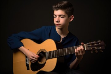a young musician striking a pose while holding his guitar