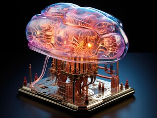 artificial brain microchip on motherboard of supercomputer