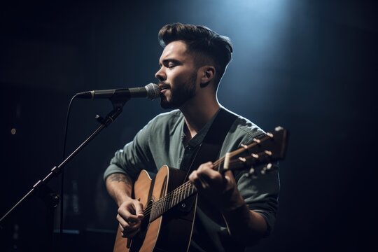 shot of a young man playing the guitar while singing on stage - Powered by Adobe