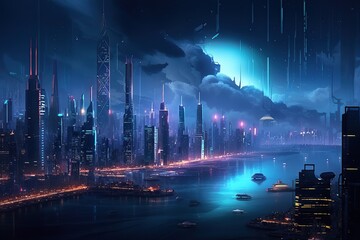 Fototapeta na wymiar Illustration of neon light on night city with buildings