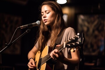 portrait of a university student performing on her guitar at an open mic event