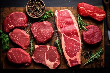 Variety raw meat steaks with rosemary and spices on wooden background
