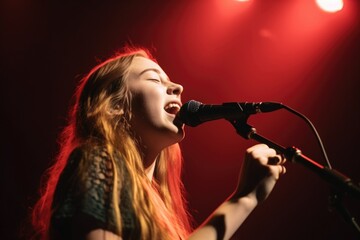 shot of a young woman singing into her microphone while playing her guitar on stage