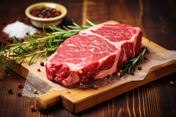 Fototapeta premium Raw meat steak with rosemary and spices on wooden background