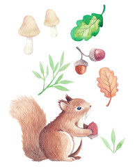 Autumn watercolor illustration with squirrels, leaves