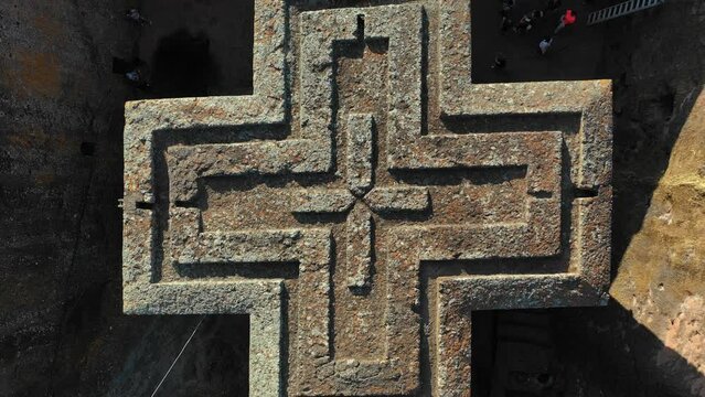 Aerial view of monolithic rock-cut church of bete giyorgis Lalibela Ethiopia
