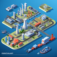 Infographic: Embracing Industry 4.0 - Exploring an Isometric Contemporary Industrial Hub with Factories, Power Plants, Workforce, and Efficient Transportation