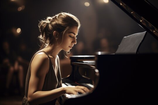 shot of a young woman playing the piano at an orchestra