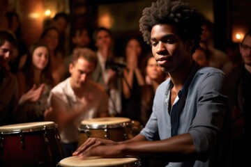 shot of a young man drumming in front of an audience
