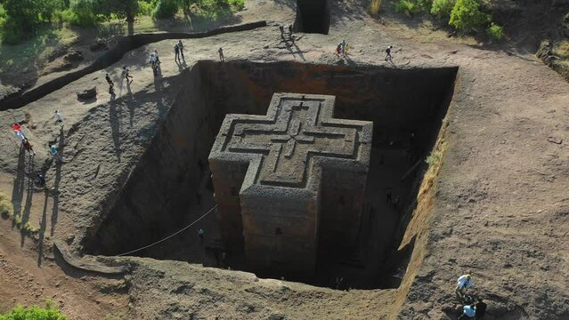 Aerial view of monolithic rock-cut church of bete giyorgis Lalibela Ethiopia