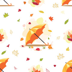 Autumn seamless pattern with falling leaves in yellow, orange, burgundy and green colors and orange umbrella. Autumn image. Vector seamless background