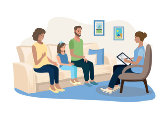 A family with children is in a therapy session in the office of a family psychologist. Consultation, training, problem solving and psychological assistance. Vector illustration in a flat style. - 632549258