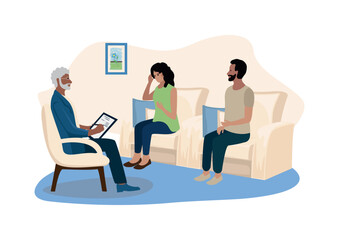 A young married couple is on a therapy session in the office of a family psychologist. Consultation, training, problem solving and psychological assistance. Vector illustration in a flat style.