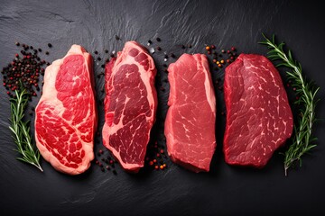 Assorted of raw meats with rosemary and seasonings on brown wooden background