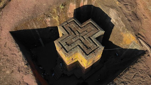 Aerial view of monolithic rock-cut church of bete giyorgis Lalibela Ethiopia