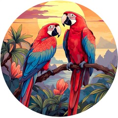 cute valentines day Macaw parrot couple world wildlife illustration with flora and fauna round composition made with generative ai technology 