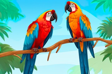 cute valentines day Macaw parrot couple world wildlife illustration with flora and fauna made with generative ai technology 